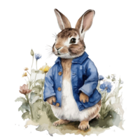 Watercolor cute rabbit in a blue jacket for card design and print . png