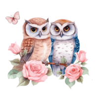 blue and pink watercolor cute owl couple for Valentine's Day . png