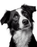 Studio headshot portrait of black and white dog on transparent background, created with png