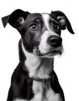 Studio headshot portrait of black and white dog on transparent background, created with png