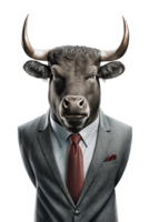 Bull dressed in a formal business suit on transparent background, created with png