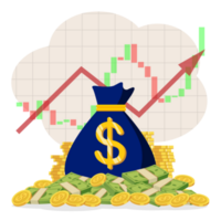 groen dollars en een stack van goud munten, een zak van geld in de achtergrond een rood pijl omhoog. toenemen in wederzijds fondsen inkomen, statistisch rapport, bedrijf produktiviteit toenemen. png