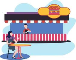 The girl is sitting at the burger shop. vector