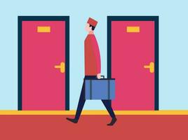 A bellboy carries luggage to a hotel room. vector