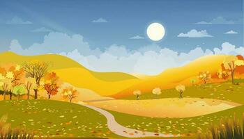 otoño rural paisaje granja campos y bosque arboles con azul cielo, vector dibujos animados bandera del horizonte otoñal paisaje de natural campo con Mañana amanecer, otoño temporada para acción de gracias antecedentes