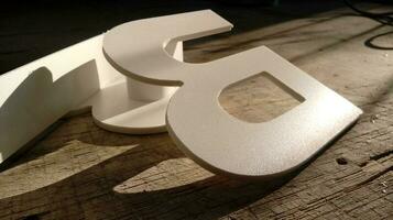 letters made of plastic. PVC blanks on a wooden background. production of outdoor or interior advertising photo