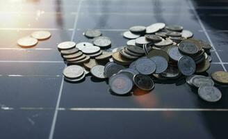 Silver coins on the solar panel help store solar energy. photo