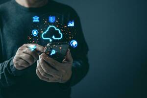 man use smarphone cloud computing  system diagram. Data storage.Digital technology network service business in wireless storage concept. Implementing storage technology support in business. photo
