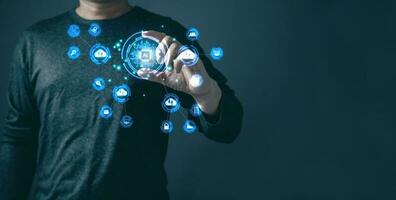 person is holding an Ai chip.new technology bigdata and business process strategy,customer service management.Digital transformation change management,internet of things.cloud computing.Ai technology. photo