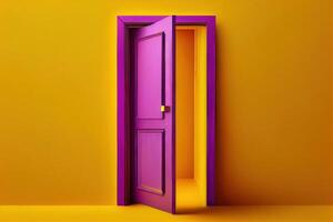 Open purple door on yellow background. . Digital Art Illustration photo