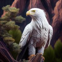 un blanco águila en pie en parte superior de un árbol, fotorrealismo generativo ai. digital Arte ilustración foto