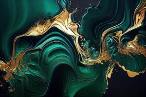 resumen fluido acrílico Arte mármol antecedentes con dorado espumoso olas y oscuro verde ondas. generativo ai. digital Arte ilustración foto