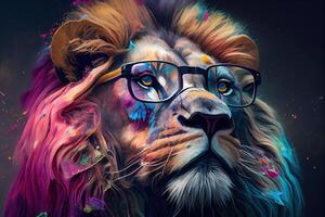 Lion with glasses, a photorealistic painting. . Digital Art Illustration photo