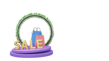 3D Golden Sale Text With Shopping Bags Over Podium And Circular Frame. png