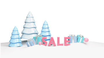 3D Render, Sale Text, Gift Boxes, Baubles And Xmas Trees. png