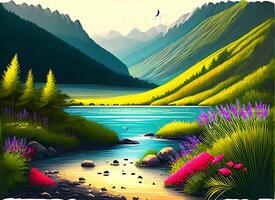 A painting of a river with mountains and flowers photo