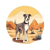 A dog in a desert with a desert landscape in the background photo