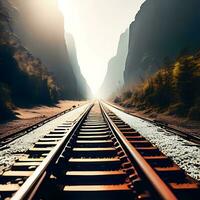 A train track with a mountain in the background photo