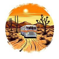 An illustration of a bus driving through a desert with the sun in the background photo