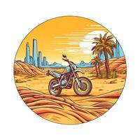 Illustration of a motorcycle in the desert with palm trees in the background photo