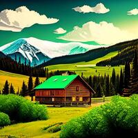 A painting of a house with a green roof and mountains in the background photo