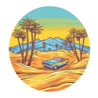 A vintage car in the desert with palm trees in the background photo