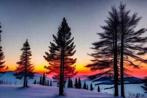 A sunset in the mountains with a tree in the foreground photo