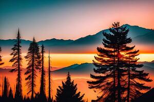 un puesta de sol en el montañas con un árbol en el primer plano ai generativo foto