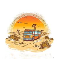 Illustration of a bus in the desert with the sun setting behind it photo