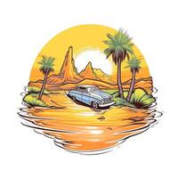 A drawing of a car on a desert with palm trees in the background photo