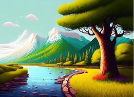 A digital painting of a river with mountains in the background photo