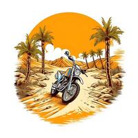 un dibujo de un motocicleta en un Desierto la carretera con palma arboles en el antecedentes generativo ai foto