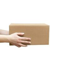 Delivery cardboard boxes in woman hand isolated photo