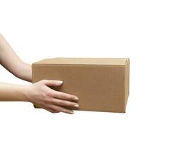 Delivery cardboard boxes in woman hand isolated photo