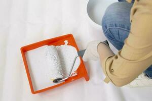 Paint can, roller and paint tray for painting wall on the floor photo