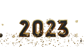 3D Render, Golden 2023 Text with Confetti on PNG Background.