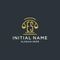 ES initial with scale of justice logo design template, luxury law and attorney logo design ideas vector