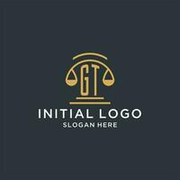 GT initial with scale of justice logo design template, luxury law and attorney logo design ideas vector