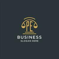 PE initial with scale of justice logo design template, luxury law and attorney logo design ideas vector