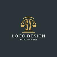 SX initial with scale of justice logo design template, luxury law and attorney logo design ideas vector