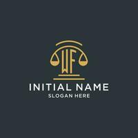 WF initial with scale of justice logo design template, luxury law and attorney logo design ideas vector