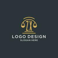 ZX initial with scale of justice logo design template, luxury law and attorney logo design ideas vector