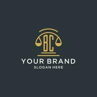 BC initial with scale of justice logo design template, luxury law and attorney logo design ideas vector