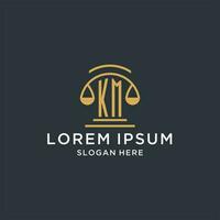 KM initial with scale of justice logo design template, luxury law and attorney logo design ideas vector