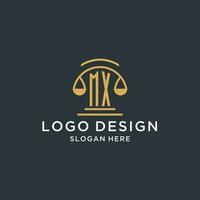 MX initial with scale of justice logo design template, luxury law and attorney logo design ideas vector