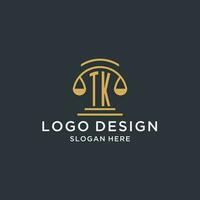 TK initial with scale of justice logo design template, luxury law and attorney logo design ideas vector