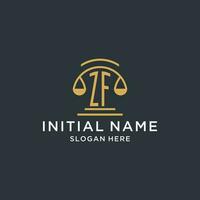 ZF initial with scale of justice logo design template, luxury law and attorney logo design ideas vector