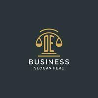 DE initial with scale of justice logo design template, luxury law and attorney logo design ideas vector