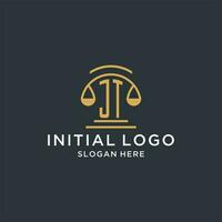 JT initial with scale of justice logo design template, luxury law and attorney logo design ideas vector