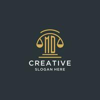 MD initial with scale of justice logo design template, luxury law and attorney logo design ideas vector